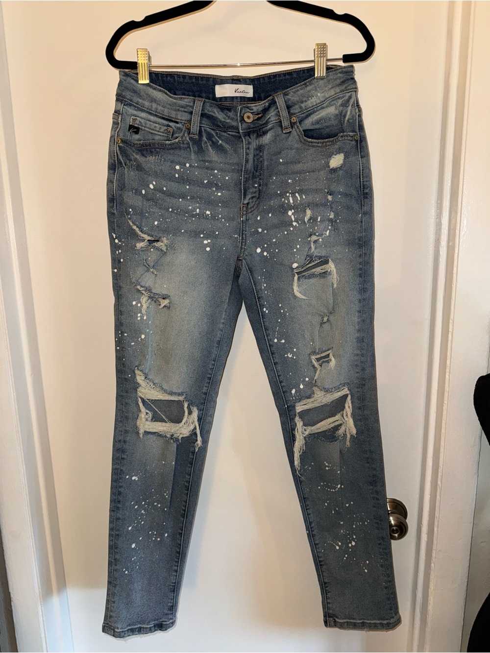 KanCan Women's Light Blue Distressed Boyfriend Jeans with White Paint Splatter